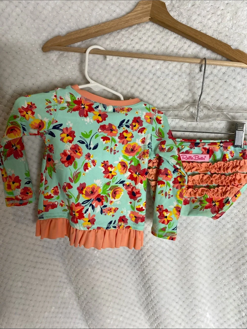 Ruffle Butts Floral 2 piece rashguard style Swimsuit with Coral Trim